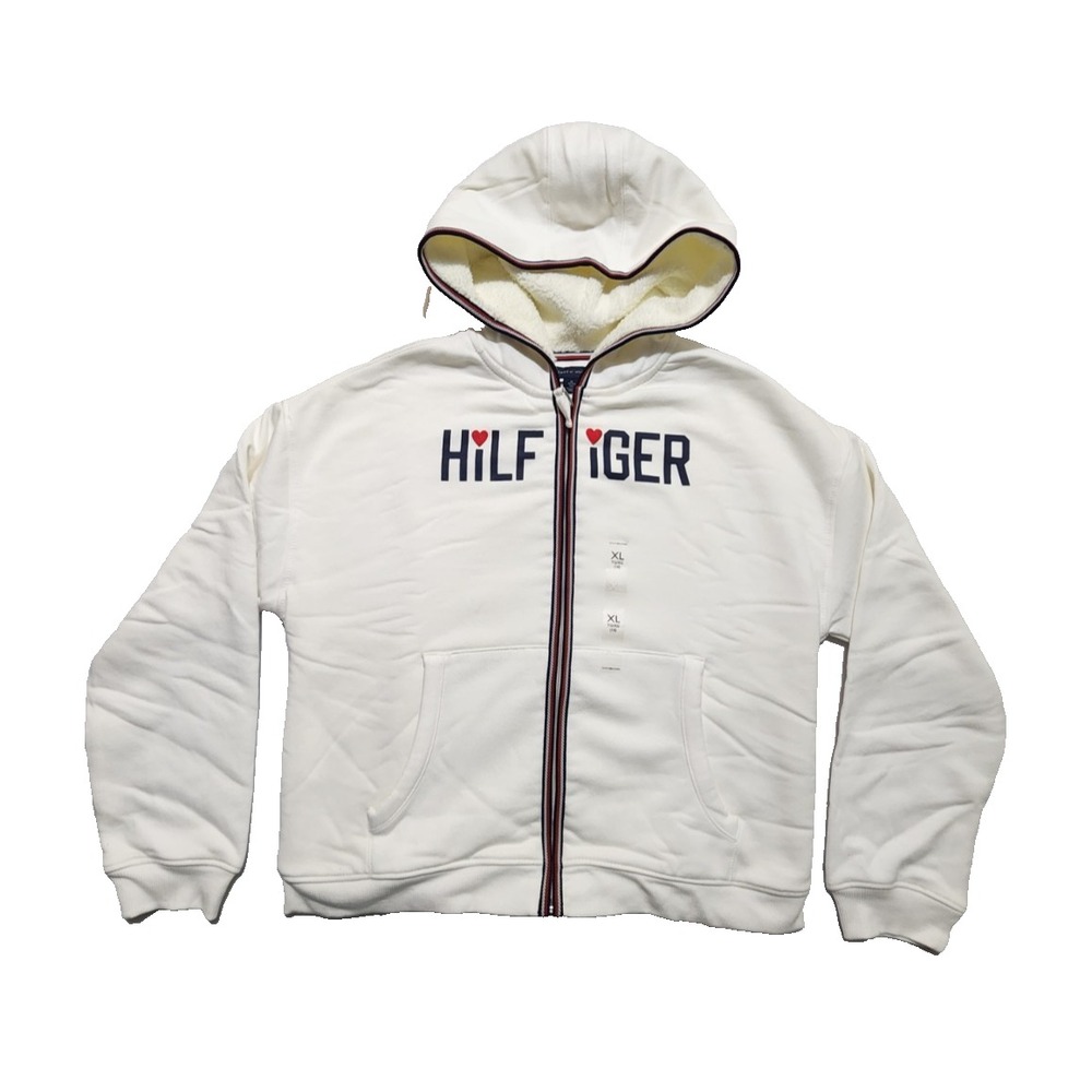 Tommy Hilfiger Youth Girls Fleece Sweatshirt Hoodie Pockets White XL